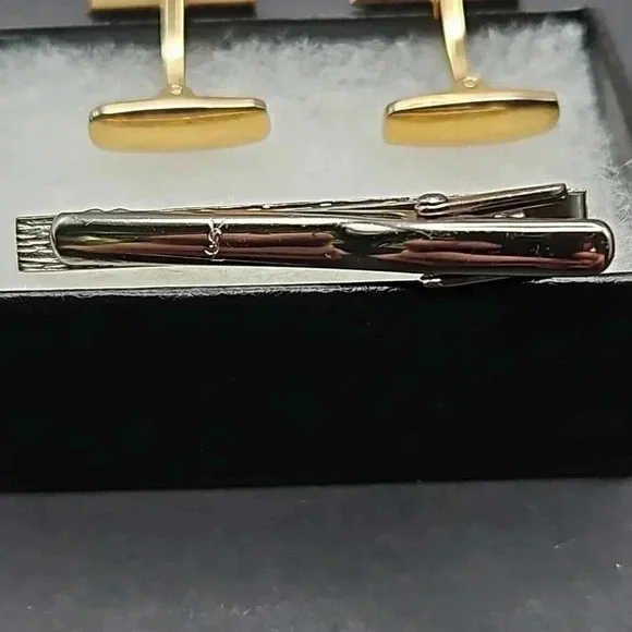 Yves Saint Laurent Gold and Silver Tone Cufflinks and Tie Bar set